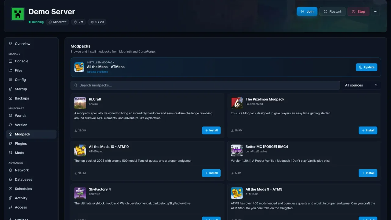 Modpack-oversigten i SpillHosting-panelet med packs klar til installation