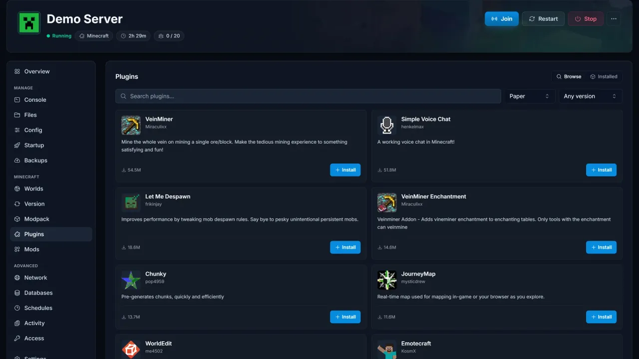 Plugin-installation i SpillHosting-panelet med søgeresultater